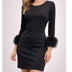 Tommy Hilfiger Black Shift Dress Faux Fur Sleeve Trim Chic Mini Dress Size 8